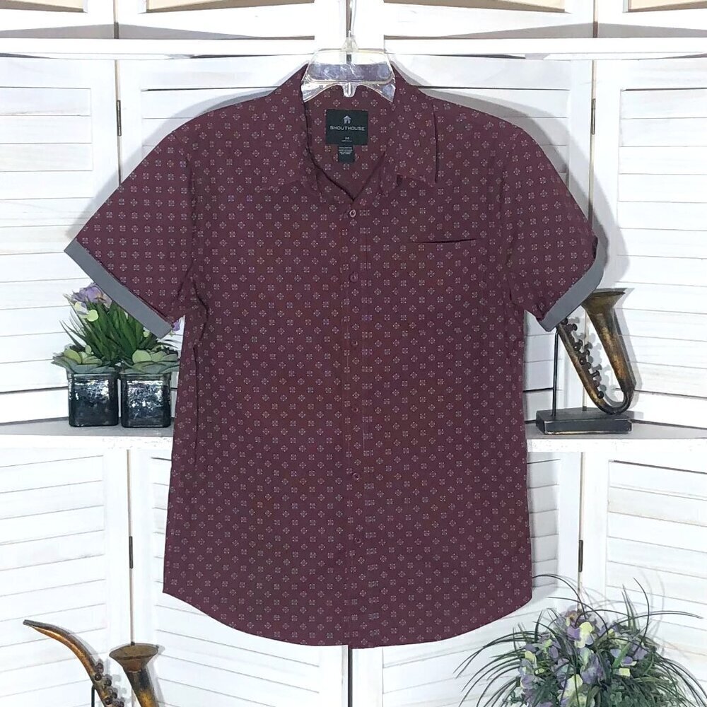 Shouthouse Cotton Short Sleeve Button Down Shirt Wine Gray M
